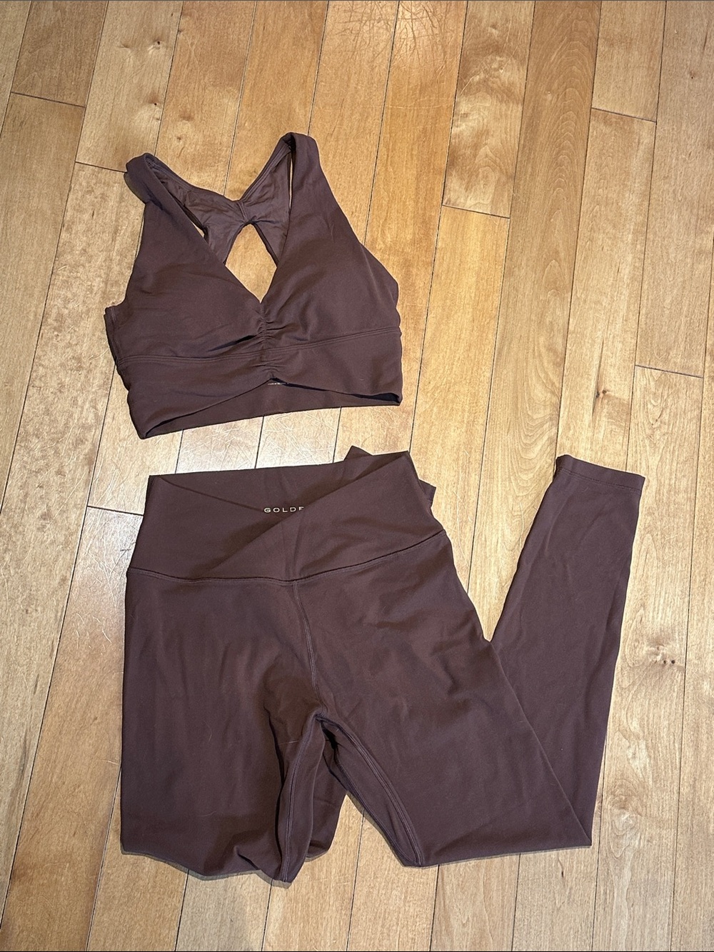 Aritzia Golden Butter Volley Bra Top and Criss Cross Leggings Set in Brown